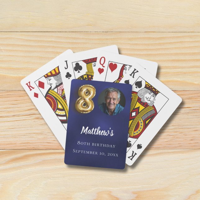 Navy blue gold 80th photo birthday party spielkarten (Von Creator hochgeladen)