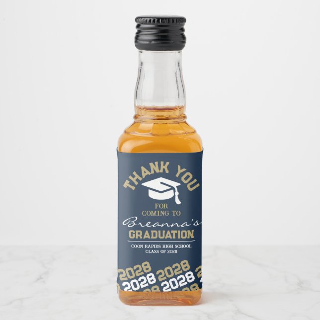 Navy Blue & Gold Abschluss Danke Mini Alkoholflaschenetikett (Vorderseite)
