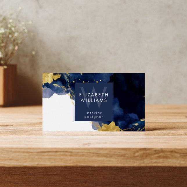 Navy Blue Gold Abstract Monogram Business Card (Von Creator hochgeladen)