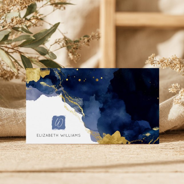Navy Blue Gold Abstract Monogram Business Card (Von Creator hochgeladen)