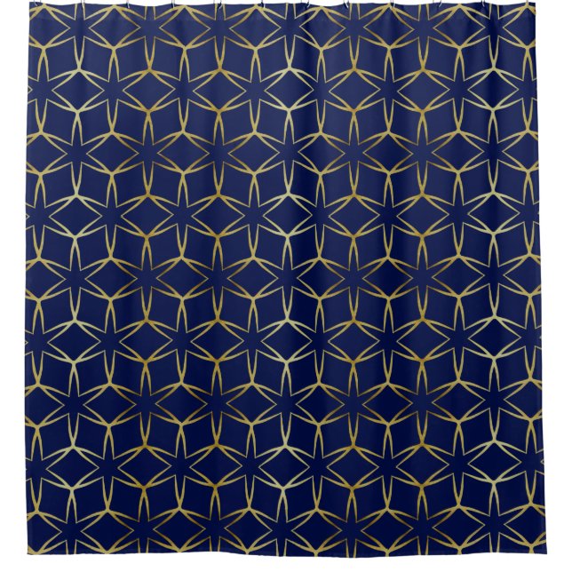 Navy Blue & Gold Abstrakt Geometric Muster Luxus Duschvorhang (Vorderseite)