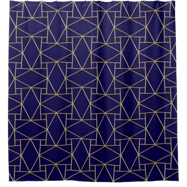 Navy Blue & Gold Abstrakt Geometric Muster Luxus Duschvorhang (Vorderseite)