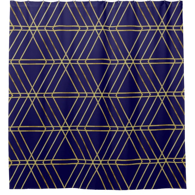 Navy Blue & Gold Abstrakt Geometric Muster Luxus Duschvorhang (Vorderseite)