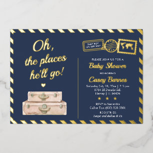 Navy Blue Gold Adventure Travel Baby Boy Dusche Folieneinladung