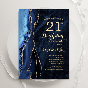 Navy Blue Gold Agate 21. Geburtstag Einladung