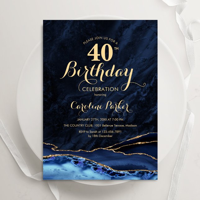 Navy Blue Gold Agate 40. Geburtstag Einladung (Von Creator hochgeladen)