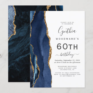 Navy Blue Gold Agate 60. Geburtstagsparty Einladung