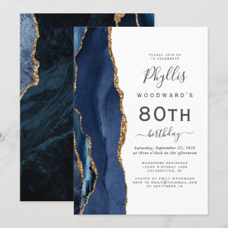Navy Blue Gold Agate 80. Geburtstagsparty Einladung
