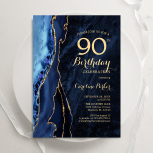 Navy Blue Gold Agate 90. Geburtstag Einladung