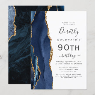 Navy Blue Gold Agate 90. Geburtstagsparty Einladung