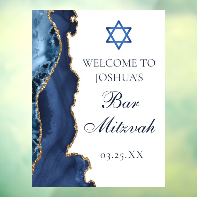 Navy Blue Gold Agate Bar Mitzvah Party Willkommen Fensteraufkleber (Blatt 3)