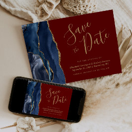 Navy Blue Gold Agate Burgundy Save the Date Einladung