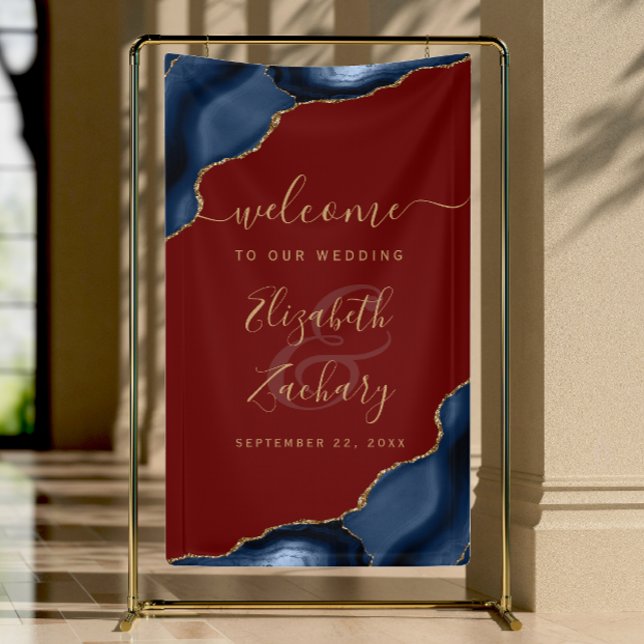 Navy Blue Gold Agate Burgundy Wedding Welcome Banner (Von Creator hochgeladen)