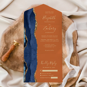 Navy Blue Gold Agate Burnt Orange Wedding All In One Einladung
