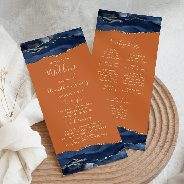 Navy Blue Gold Agate Burnt Orange Wedding Programm (Von Creator hochgeladen)