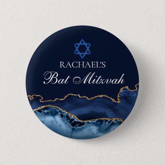 Navy Blue Gold Agate Custom Bat Mitzvah Party Button (Vorderseite)