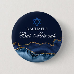 Navy Blue Gold Agate Custom Bat Mitzvah Party Button