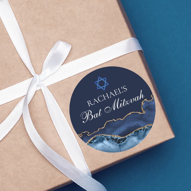 Navy Blue Gold Agate Custom Bat Mitzvah Party Runder Aufkleber (Von Creator hochgeladen)