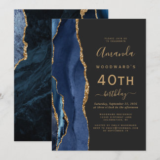 Navy Blue Gold Agate Dark 40. Geburtstag Party Einladung