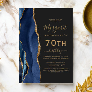 Navy Blue Gold Agate Dark 70. Geburtstagsparty Einladung