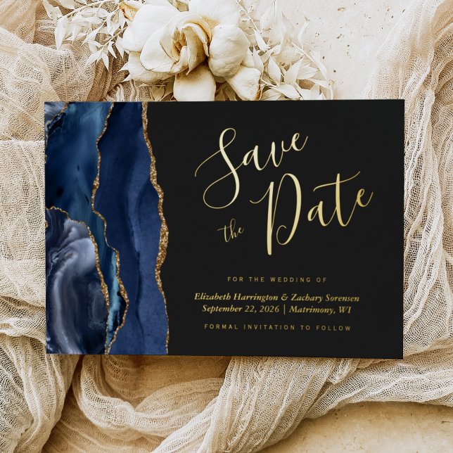 Navy Blue Gold Agate Dark Save the Date Folieneinladung (Von Creator hochgeladen)