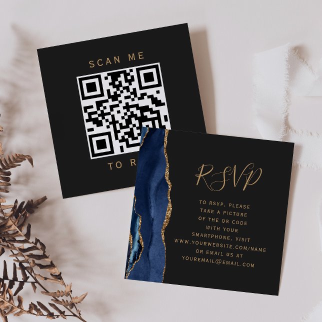 Navy Blue Gold Agate Dark Wedding QR Code UAWG Begleitkarte (Von Creator hochgeladen)