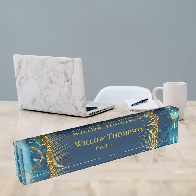 Navy Blue & Gold Agate Geode Glitzer Elegant Namensplakette (Navy Blue & Gold Agate Geode Glitter Desk Name Plate)