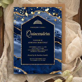 Navy Blue Gold Agate Marble Arch Quinceanera Einladung