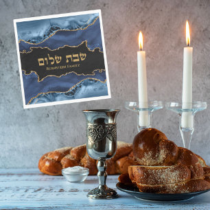 Navy Blue Gold Agate Marble Hebrew Shabbat Shalom Serviette