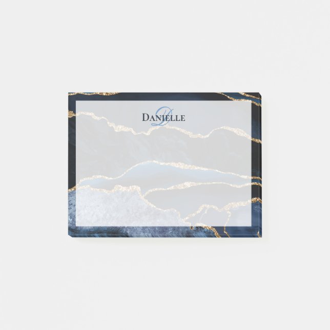 Navy Blue Gold Agate Marble Modernes Monogramm Post-it Klebezettel (Vorderseite)