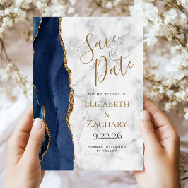 Navy Blue Gold Agate Marble Save the Date Card Einladung