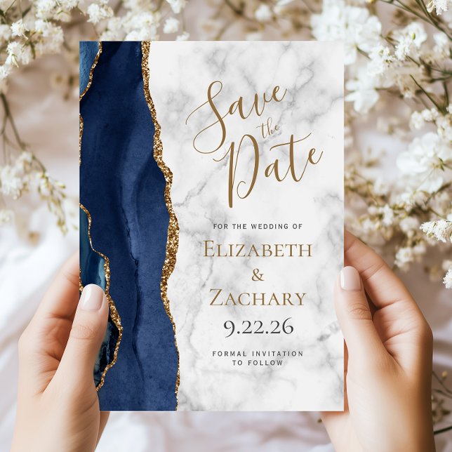 Navy Blue Gold Agate Marble Save the Date Card Einladung (Von Creator hochgeladen)