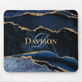 Navy Blue Gold Agate Monogram Elegant Mousepad