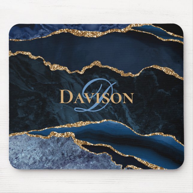 Navy Blue Gold Agate Monogram Elegant Mousepad (Vorne)