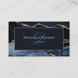 Navy Blue Gold Agate Monogram Elegant Visitenkarte