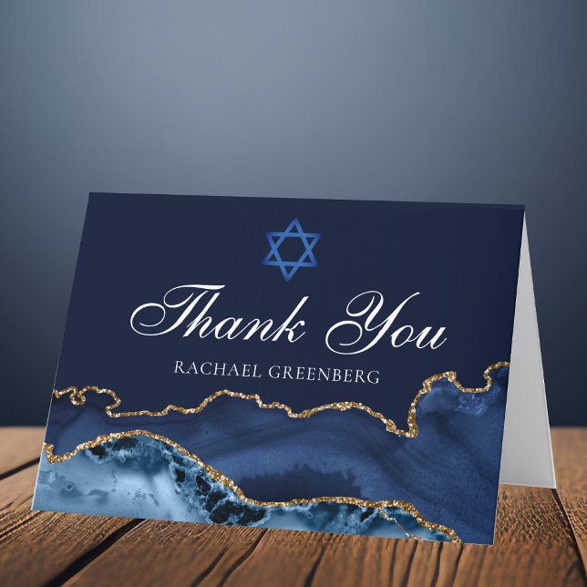 Navy Blue Gold Agate Personalisiert Bat Mitzvah Dankeskarte (Von Creator hochgeladen)