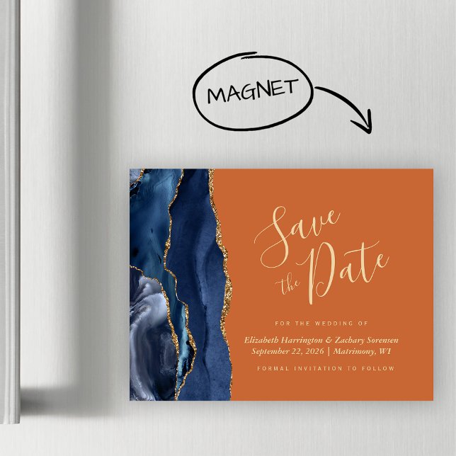 Navy Blue Gold Agate Rust Magnetic Save the Date Magnetkarte (Von Creator hochgeladen)