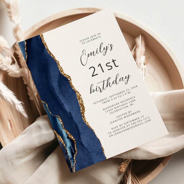 Navy Blue Gold Agate Script 21. Geburtstag Einladung (Von Creator hochgeladen)