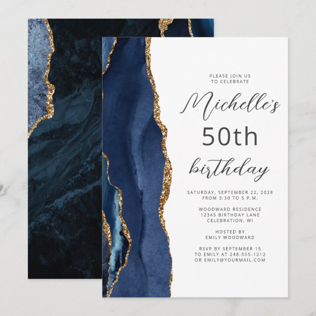 Navy Blue Gold Agate Script 50. Geburtstag Einladung (Vorne/Hinten)