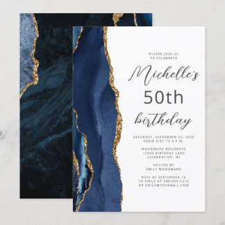 Navy Blue Gold Agate Script 50. Geburtstag Einladung