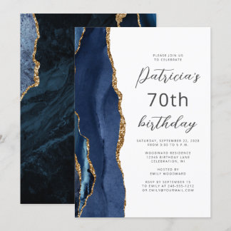 Navy Blue Gold Agate Script 70. Geburtstag Einladung