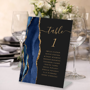 Navy Blue Gold Agate Script Dark Wedding Table Sockelschild