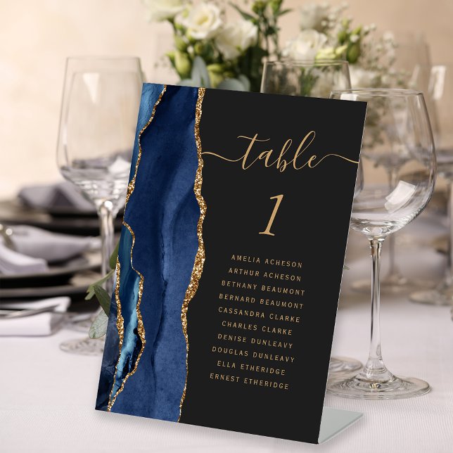 Navy Blue Gold Agate Script Dark Wedding Table Sockelschild (Von Creator hochgeladen)