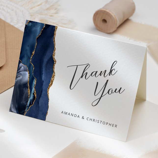 Navy Blue Gold Agate Script Hochzeit Vielen Dank Karte (Von Creator hochgeladen)
