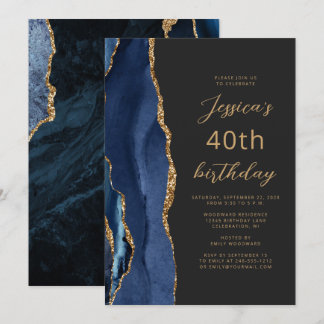 Navy Blue Gold Agate Slate Script 40. Geburtstag Einladung
