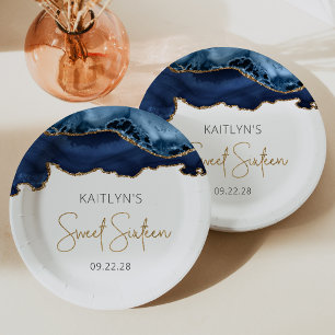 Navy Blue Gold Agate Sweet 16 Geburtstagsparty Pappteller