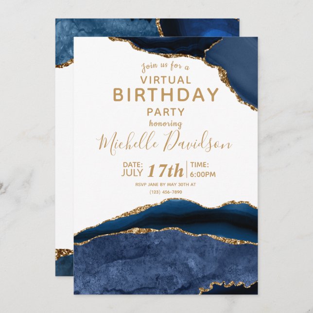 Navy Blue & Gold Agate Virtual Birthday Einladung (Vorne/Hinten)