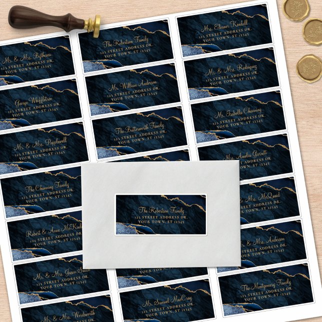 Navy Blue Gold Agate Wedding Guest Address Labels (Von Creator hochgeladen)