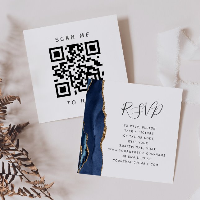 Navy Blue Gold Agate Wedding QR Code UAWG Begleitkarte (Von Creator hochgeladen)