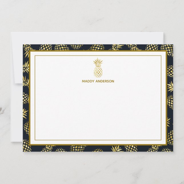 Navy Blue Gold Ananas Muster Monogram Mitteilungskarte (Vorderseite)